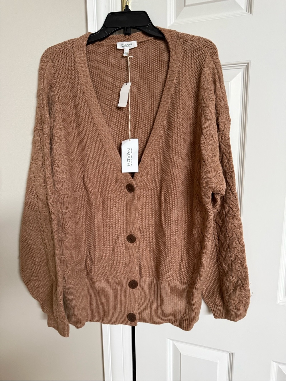 Haven Within Cable Sleeve Button-Front Cardigan - Brown